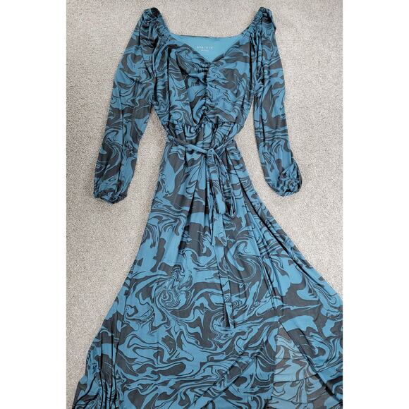 Ava & Viv‎ Swirl Maxi Dress Womens 1X Blue Mesh Ruched Long Balloon Sleeve - Picture 3 of 16